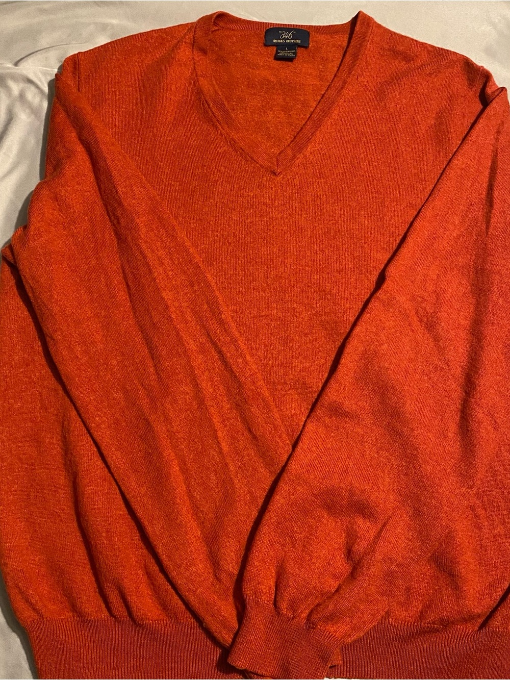 Brooks Brothers 346 Sweater Mens L Orange Merino Wool V Neck Pullover Stretch